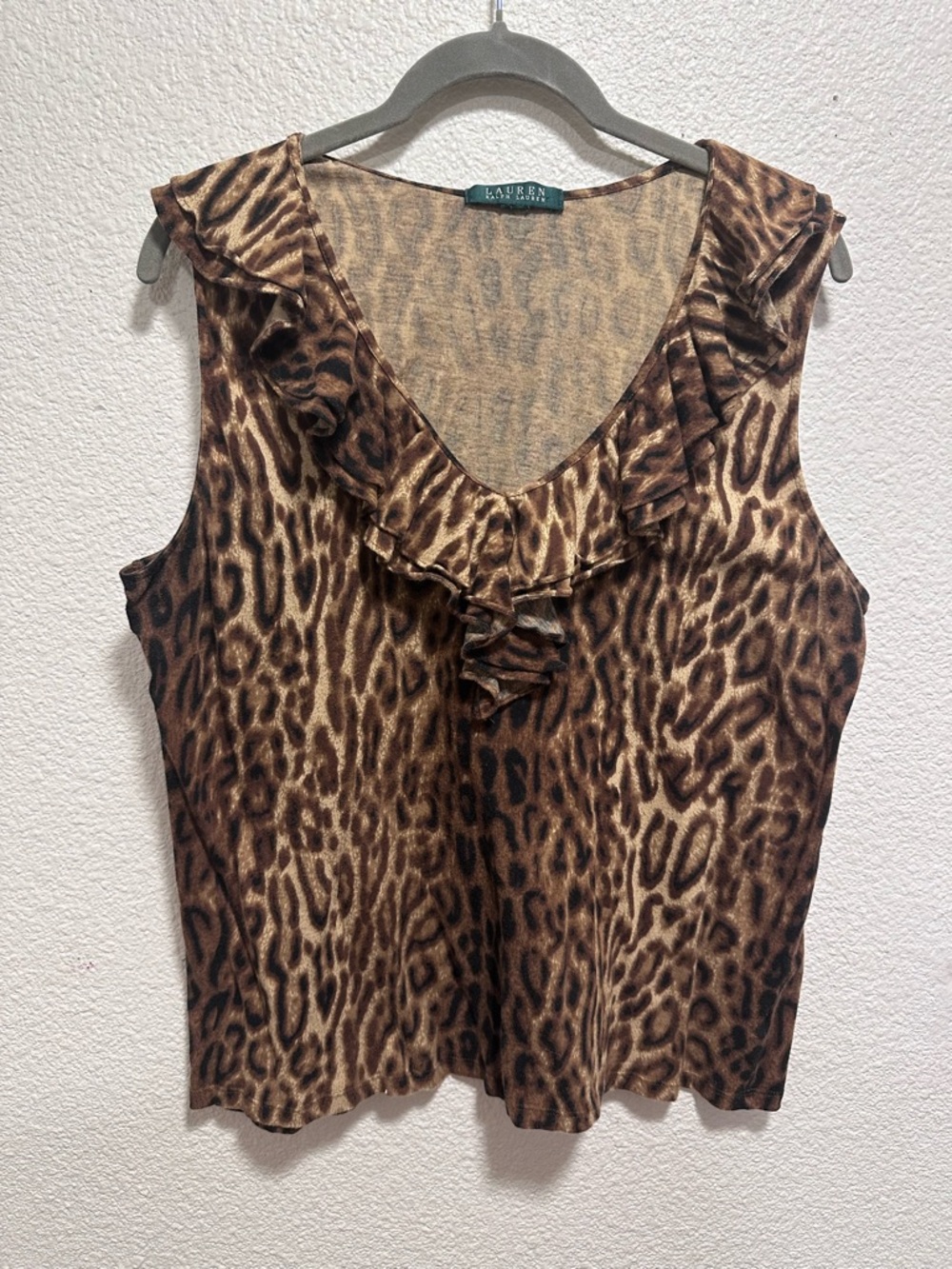 Ralph Lauren Brown Leopard Ruffle V-Neck Sleeveless Camisole